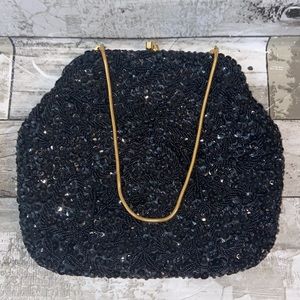 Vintage Richere Black Sequin Gold Hardware Chain Clasp Handbag